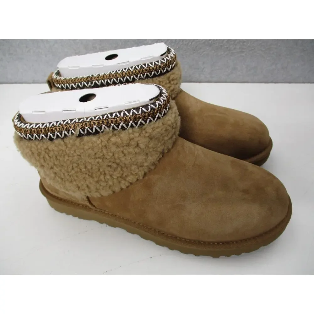 UGG Classic Ultra Mini Maxi Curly Boots Brown Chestnut Womens Sz 8